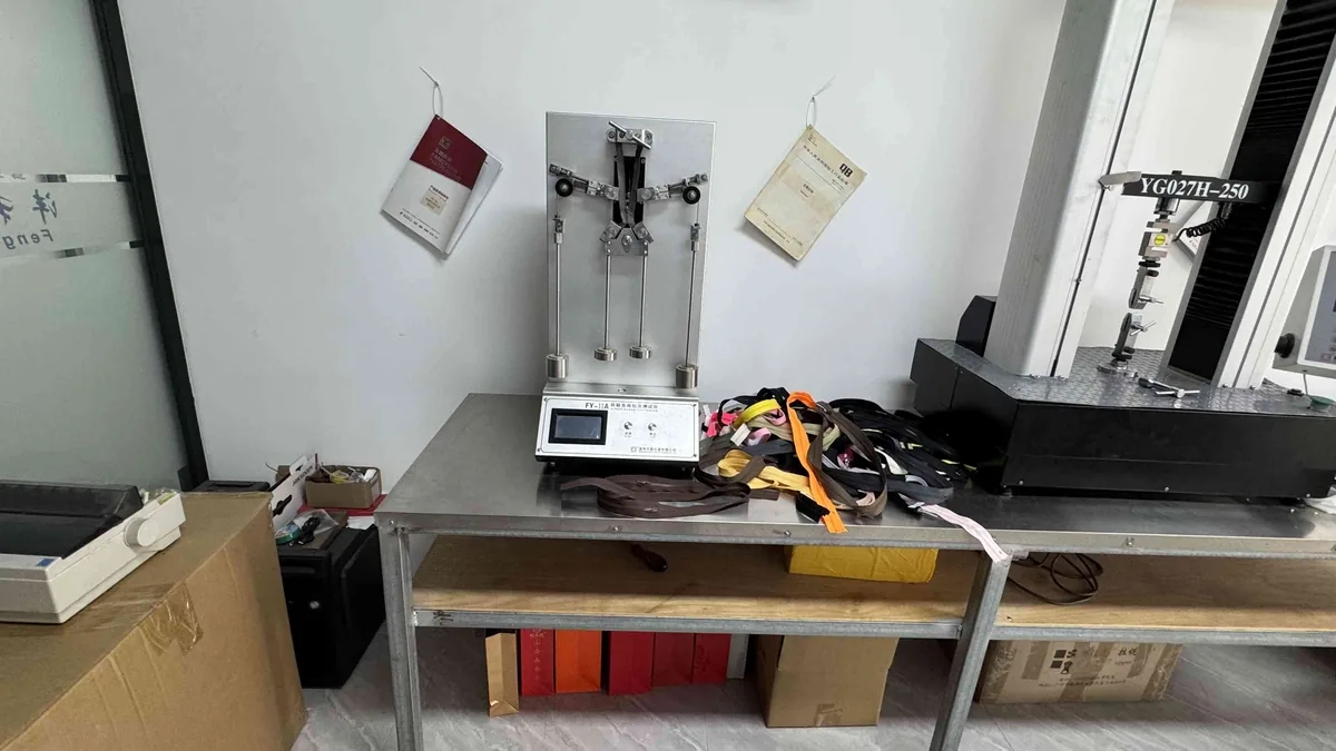 Peralatan uji kekuatan tarik yang mengukur gaya tarik ritsleting di lab QC CEO Zipper